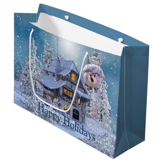 Weihnachts Party Winter White Snowman Blue Rustika Große Geschenktüte (Vorderseite Schrägansicht)