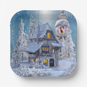 Weihnachts Party Winter White Snowman Blue Rustika Pappteller