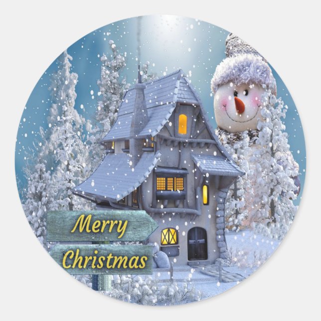 Weihnachts Party Winter White Snowman Blue Rustika Runder Aufkleber (Vorderseite)