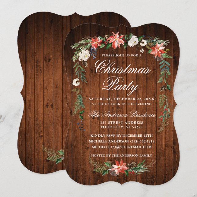 Weihnachts-Party Woodfarbe Poinsettia Einladung (Vorne/Hinten)