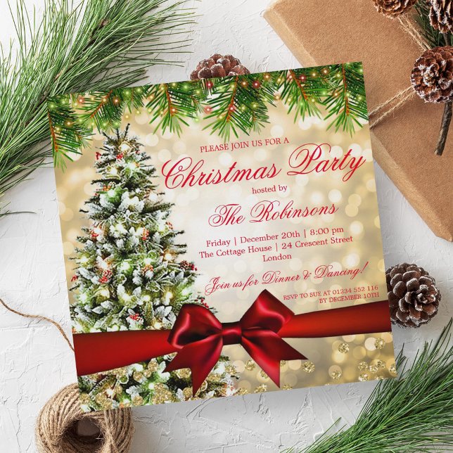 Weihnachts-Party | Xmas Tree Ribbon Glitzer Gold Einladung (Christmas Party | Xmas Tree Ribbon Glitter Gold Invitation)