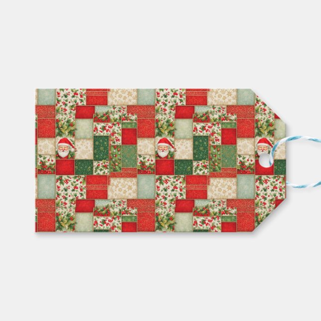 Weihnachts-Patchwork in Rot und Grün Geschenkanhänger (Vorderseite (Horizontal))