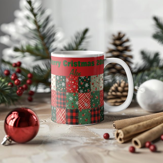 Weihnachts-Patchwork-Muster grün rot Kaffeetasse (Von Creator hochgeladen)