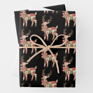 Weihnachts-Patchwork-Rentier-Stickerei-Tier  Geschenkpapier Set