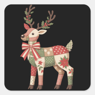 Weihnachts-Patchwork-Rentier-Stickerei-Tier Quadratischer Aufkleber