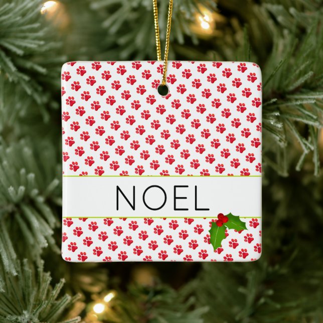 Weihnachts-Paw druckt Red PET NAME FOTO Holiday Keramikornament (Baum)
