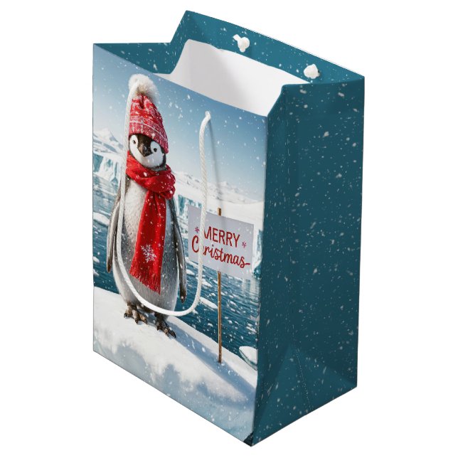 Weihnachts-Penguin auf Iceberg Mittlere Geschenktüte (Vorderseite Schrägansicht)