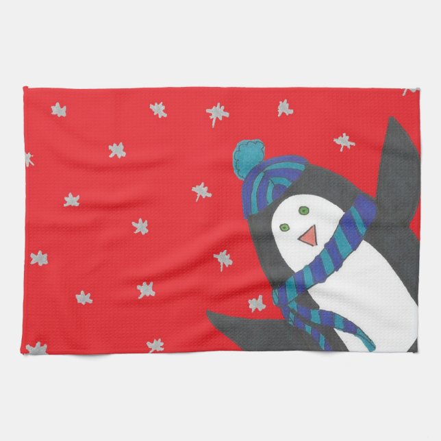 Weihnachts-Penguin auf Rot Geschirrtuch (Horizontal)