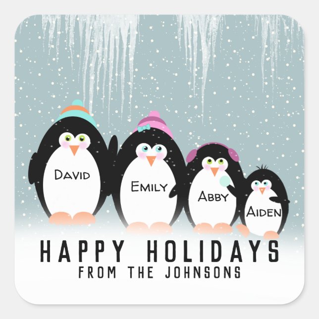 Weihnachts-Penguin-Familie im Schnee Quadratischer Aufkleber (Vorderseite)
