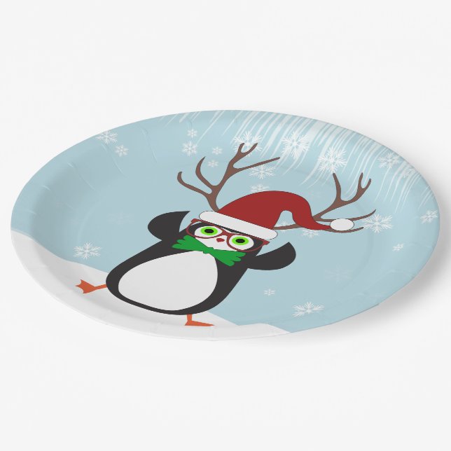 Weihnachts-Penguin im sonnigen Hipster mit Anbeter Pappteller (Schrägansicht)