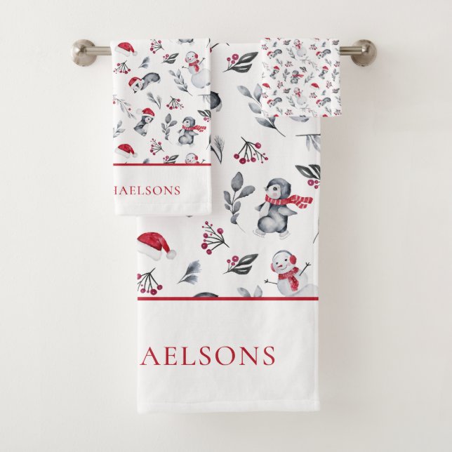 Weihnachts-Penguin Wasserfarbe Badhandtuch Set (Insitu)
