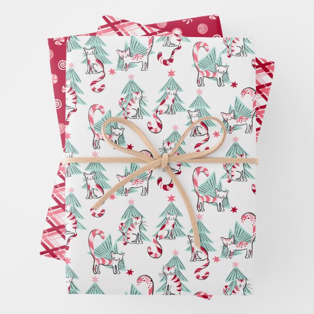 Weihnachts Peppermint Candy Cats Set von drei Geschenkpapier Set (Beispiel)