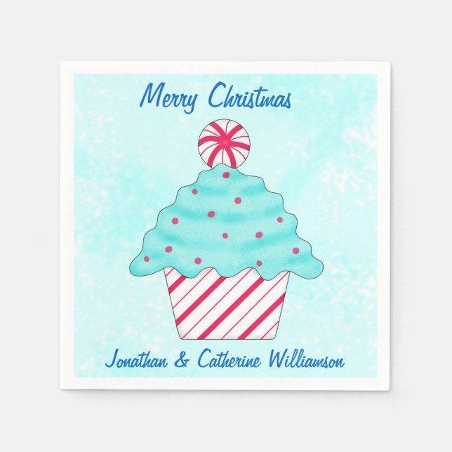 Weihnachts Peppermint Cupcake Personalisiertes Par Serviette (Vorderseite)