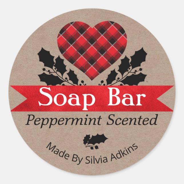 Weihnachts Peppermint Kariert Kraft Seife Bar Labe Runder Aufkleber (Vorderseite)