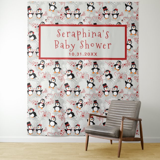 Weihnachts Peppermint Pinguins Babydusche Hintergr Wandteppich (Beispiel)