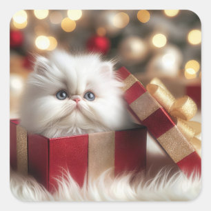 Weihnachts-Perserkätzchen in einer Geschenkboxen Quadratischer Aufkleber