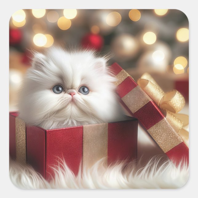 Weihnachts-Perserkätzchen in einer Geschenkboxen Quadratischer Aufkleber (Vorderseite)