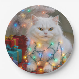 Weihnachts-Perserkatze in festlichen Lichterketten Pappteller