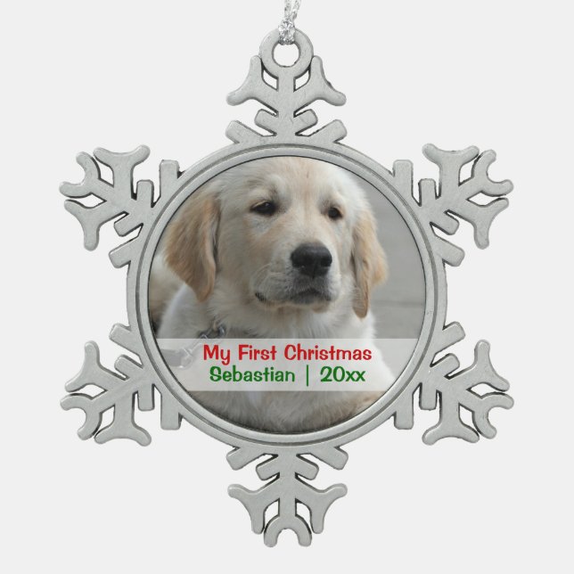 Weihnachts-Personalisierte Fotovorlage des Hauses Schneeflocken Zinn-Ornament (Vorderseite)