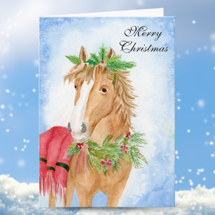 Weihnachts-Pferd mit festlicher Grünpflanzen-Wasse Karte