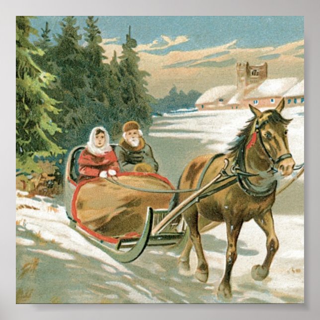 Weihnachts-Pferd und Schlitten Poster (Vorne)
