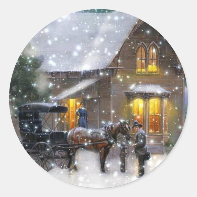 Weihnachts-Pferdetransport Winterlandschaft Runder Aufkleber (Vorderseite)