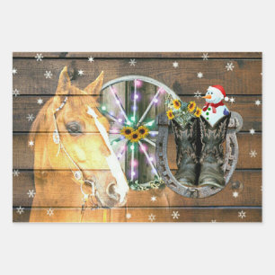 Weihnachts-Pferdewagenrad-Cowboy-Stiefel-Hufeisen Geschenkpapier Set