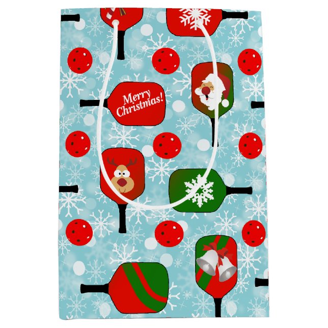 Weihnachts-Pickleball Rote grüne Schneeflocken Bla Mittlere Geschenktüte (Vorderseite)