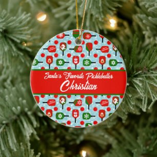 Weihnachts-Pickleball Rotes Grünes blaues Schneefl Keramik Ornament