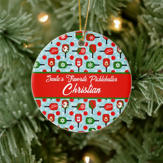 Weihnachts-Pickleball Rotes Grünes blaues Schneefl Keramik Ornament (Baum)
