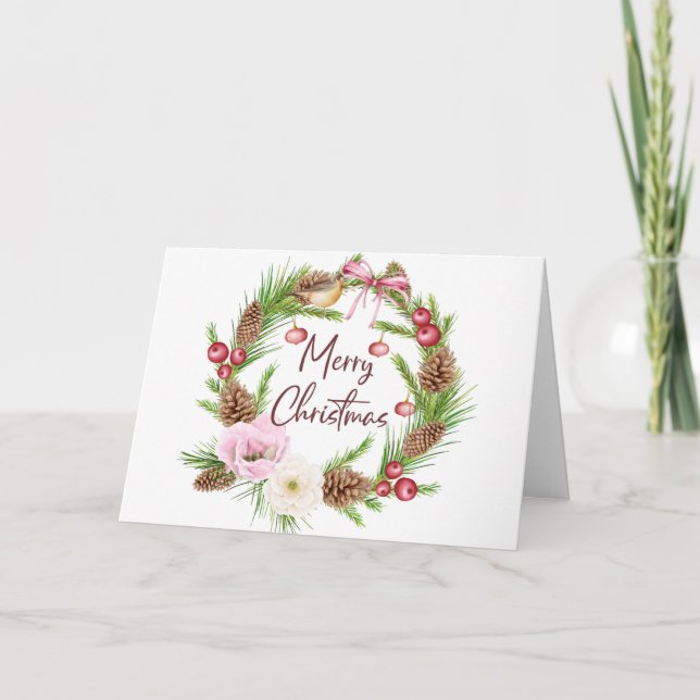 Weihnachts-Pine Berries Grünreath geklappt Feiertagskarte (Vorderseite)