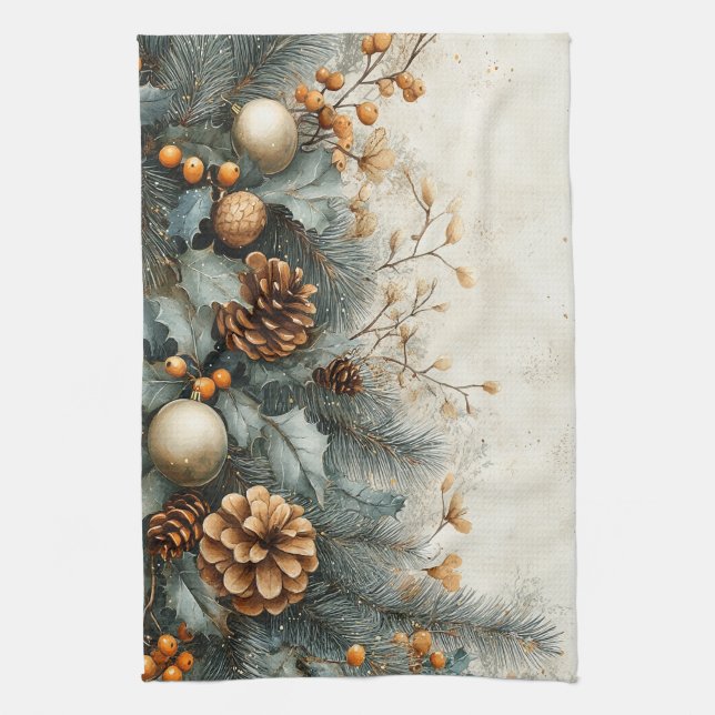 Weihnachts-Pine Cones Holly Gold Ornamente Geschirrtuch (Vertikal)