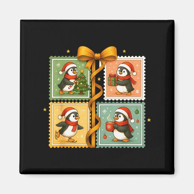 Weihnachts-Pinguin-Stempel-Collage  Magnet (Vorne)