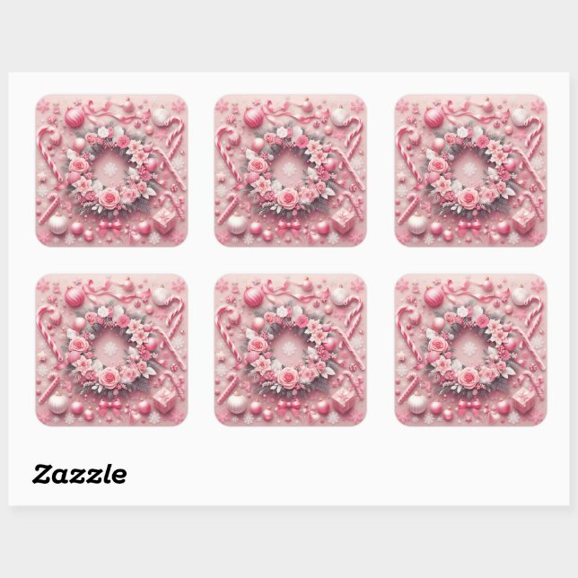 Weihnachts-Pink-Candy-Canes-Balls Kranz Quadratischer Aufkleber (Blatt)