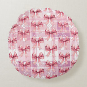 Weihnachts-Pink-Karo-Schneeflocken-Bogen Coquette  Rundes Kissen