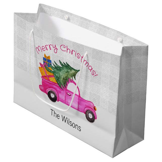 Weihnachts-Pink-LKW mit Baum und Wünschen Große Geschenktüte (Vorderseite Schrägansicht)