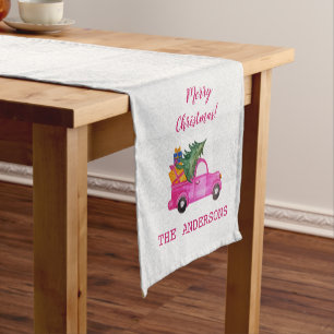 Weihnachts-Pink-LKW mit Baum und Wünschen Kurzer Tischläufer