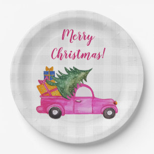Weihnachts-Pink-LKW mit Baum und Wünschen Pappteller