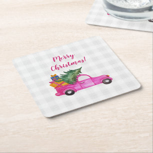 Weihnachts-Pink-LKW mit Baum und Wünschen Rechteckiger Pappuntersetzer