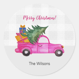 Weihnachts-Pink-LKW mit Baum und Wünschen Runder Aufkleber