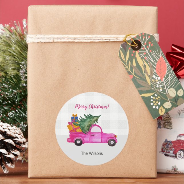 Weihnachts-Pink-LKW mit Baum und Wünschen Runder Aufkleber (Feiertag)