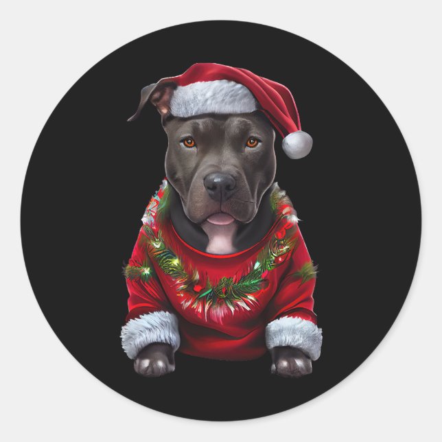 Weihnachts Pitbull Hund mit Xmas Santas Hat & Sw Runder Aufkleber (Vorderseite)