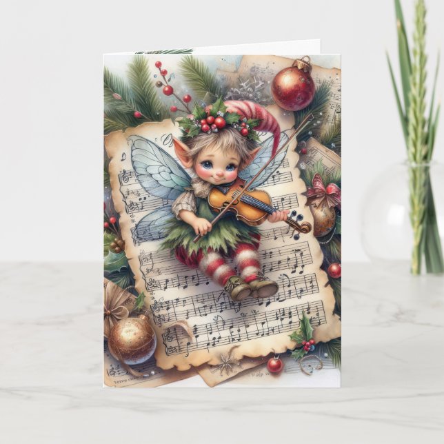 Weihnachts-Pixie-Fairy Violin Karte (Vorderseite)