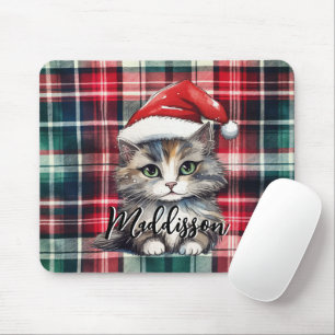 Weihnachts-Plaid-Santa-Katze mit Namen Mousepad