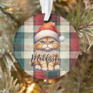 Weihnachts-Plaid-Santa-Katze mit Namen Ornament