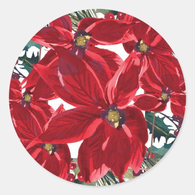 Weihnachts-Poinsettia auf Pine-Aufkleber Runder Aufkleber (Vorderseite)