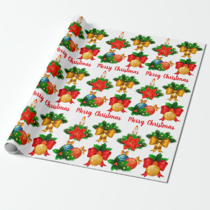 Weihnachts-Poinsettia-Blume, Kerze, Bälle, Band Geschenkpapier