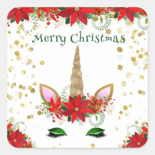 Weihnachts-Poinsettia-Einhorn-grüne Partygeschenke Quadratischer Aufkleber