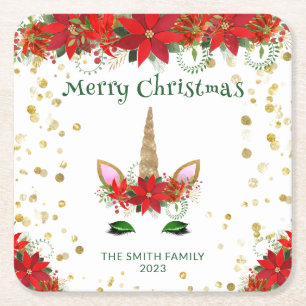 Weihnachts-Poinsettia-Einhorn mit grüner Schrift P Rechteckiger Pappuntersetzer