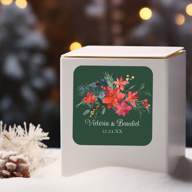 Weihnachts-Poinsettia Elegant Blumengrün Hochzeit Quadratischer Aufkleber (Von Creator hochgeladen)